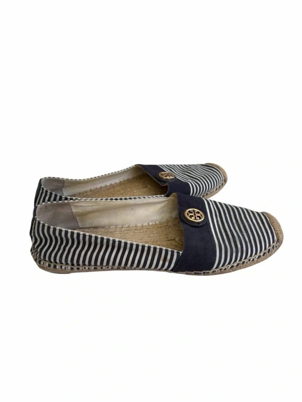 Tory Burch navy / white stripe espadrilles with gold logo